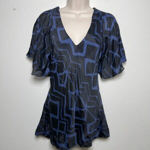 Silken Strands Women Silk Indie y2k Top Medium‎ Blue Black Geometric Flutter